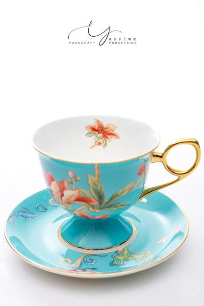 Butterflies in Love with Flowers Blue Teacup & Saucer