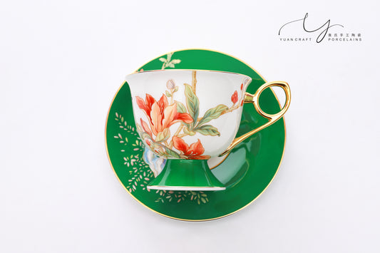 Butterflies in Love with Flowers Green Teacup & Saucer