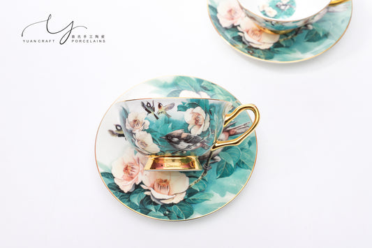 Realistic Depiction Of Flowers And  Cuckoo Teacups & Saucers Sets for Two
