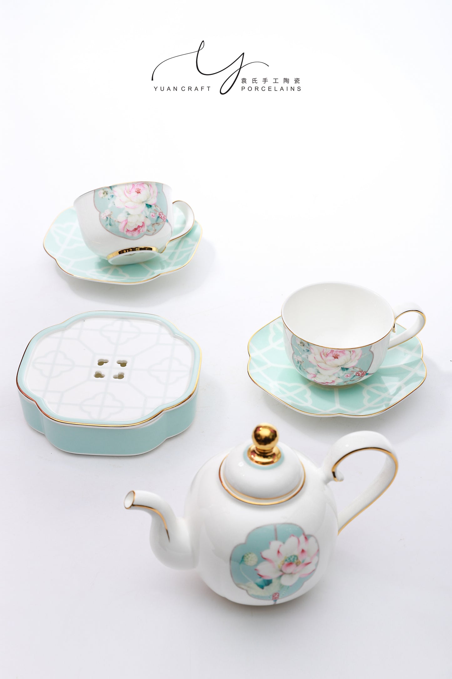Jade Fan Lotus Flowers Tea Sets with 6 Pieces