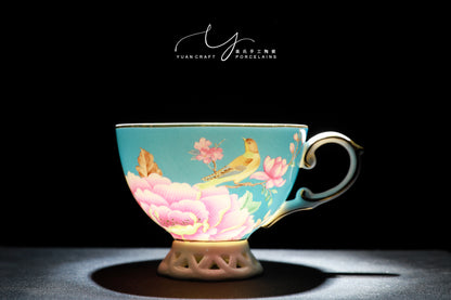 Hollowed-out Base Floral and Bird Blue Teacups & Saucers For Two