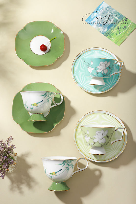 Green and Blue Magnolia Teacups & Saucers for Two