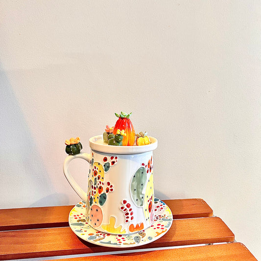 Handmade Cactus Mug Set with Cat Spoon