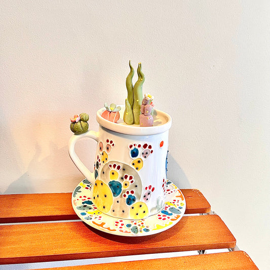 Handmade Cactus Mug Set with Cat Spoon