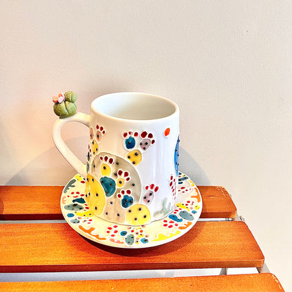 Handmade Cactus Mug Set with Cat Spoon