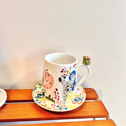 Handmade Cactus Mug Set with Cat Spoon