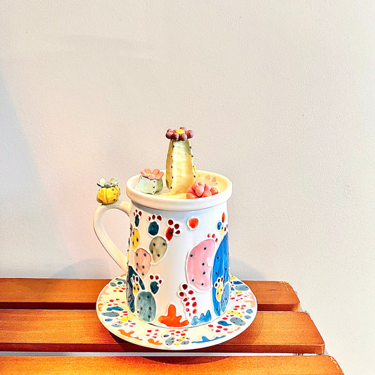 Handmade Cactus Mug Set with Cat Spoon