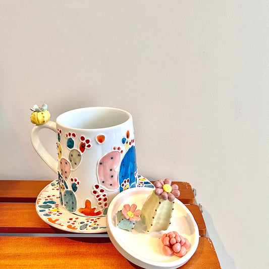 Handmade Cactus Mug Set with Cat Spoon