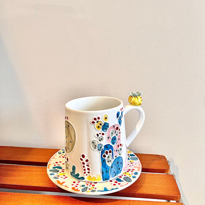Handmade Cactus Mug Set with Cat Spoon