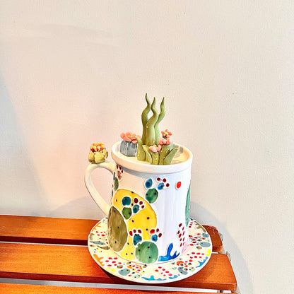 Handmade Cactus Mug Set with Cat Spoon