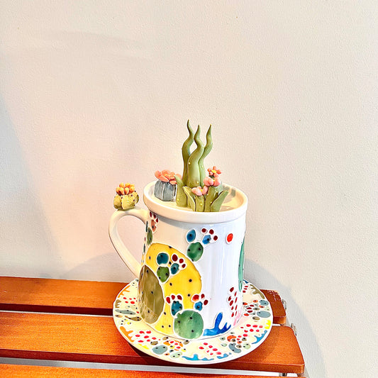 Handmade Cactus Mug Set with Cat Spoon