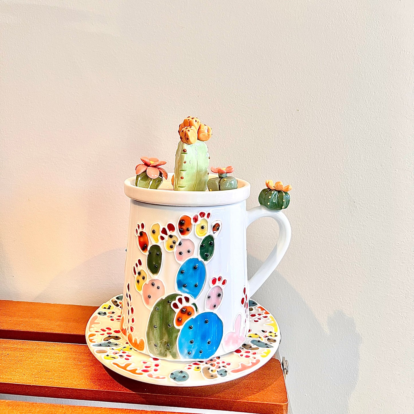 Handmade Cactus Mug Set with Cat Spoon