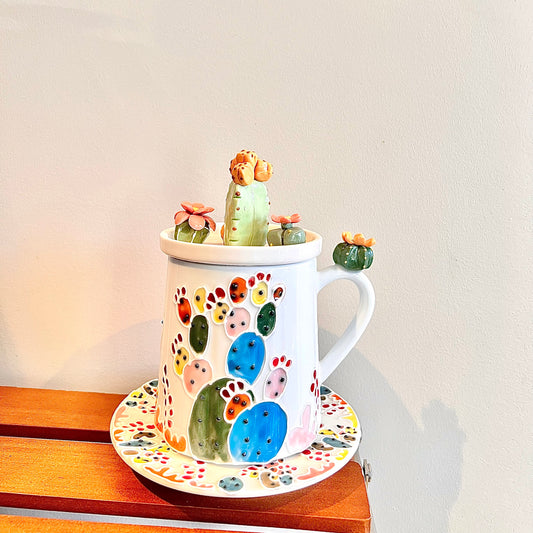 Handmade Cactus Mug Set with Cat Spoon