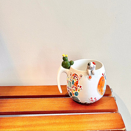 Handmade Cactus Mug with Cat Spoon