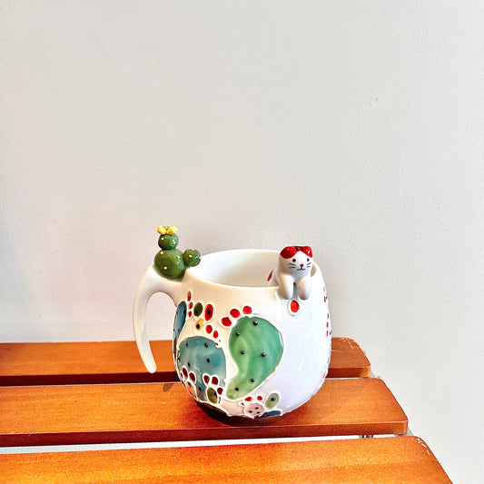 Handmade Cactus Mug with Cat Spoon