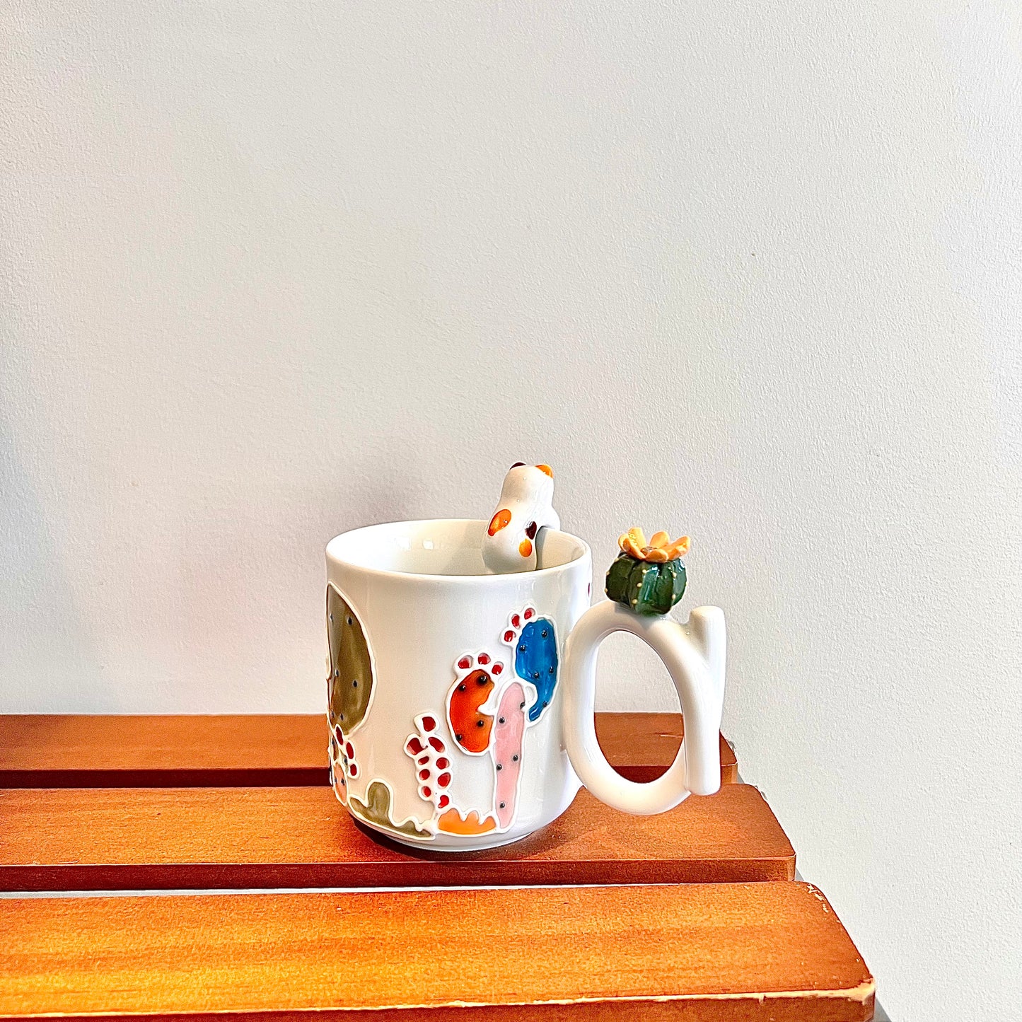 Handmade Cactus Mug with Cat Spoon