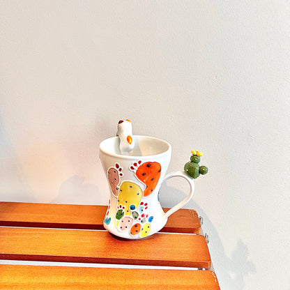 Handmade Cactus Mug with Cat Spoon