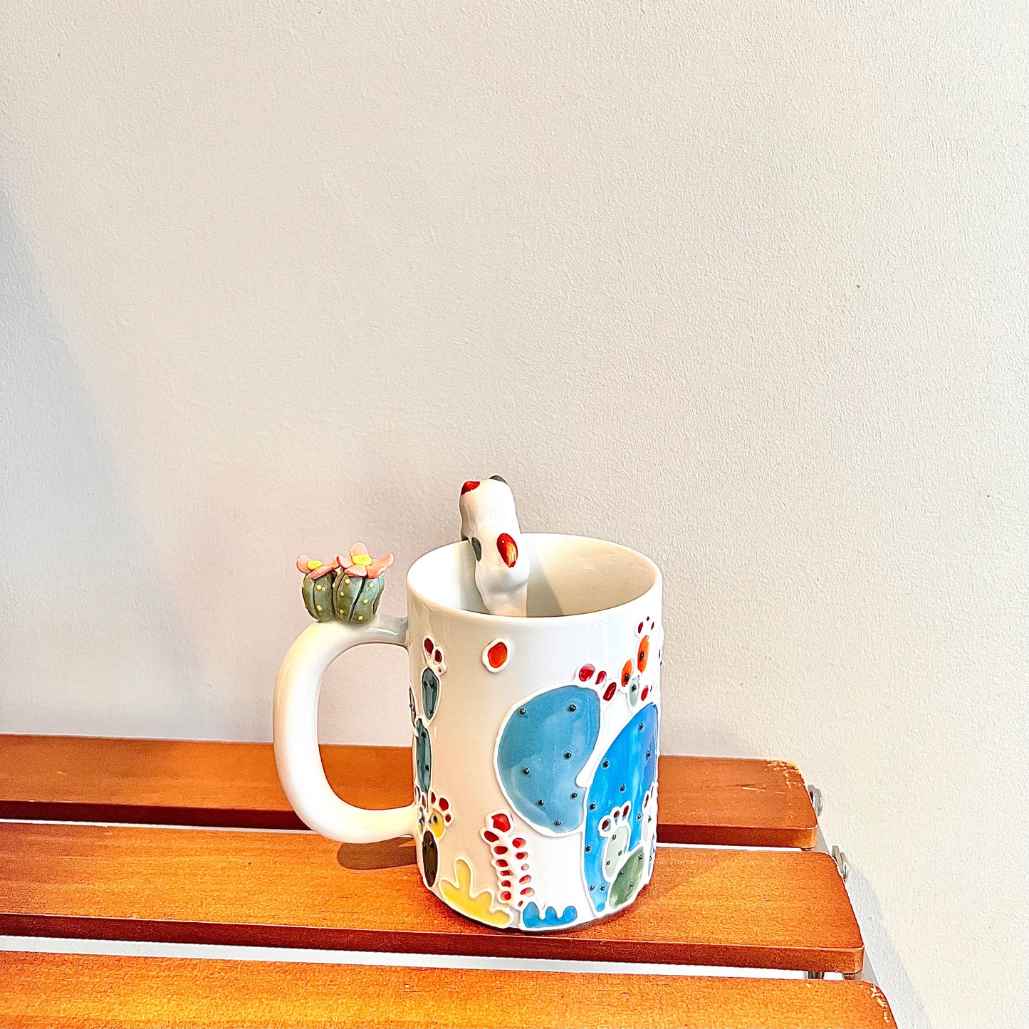 Handmade Cactus Mug with Cat Spoon