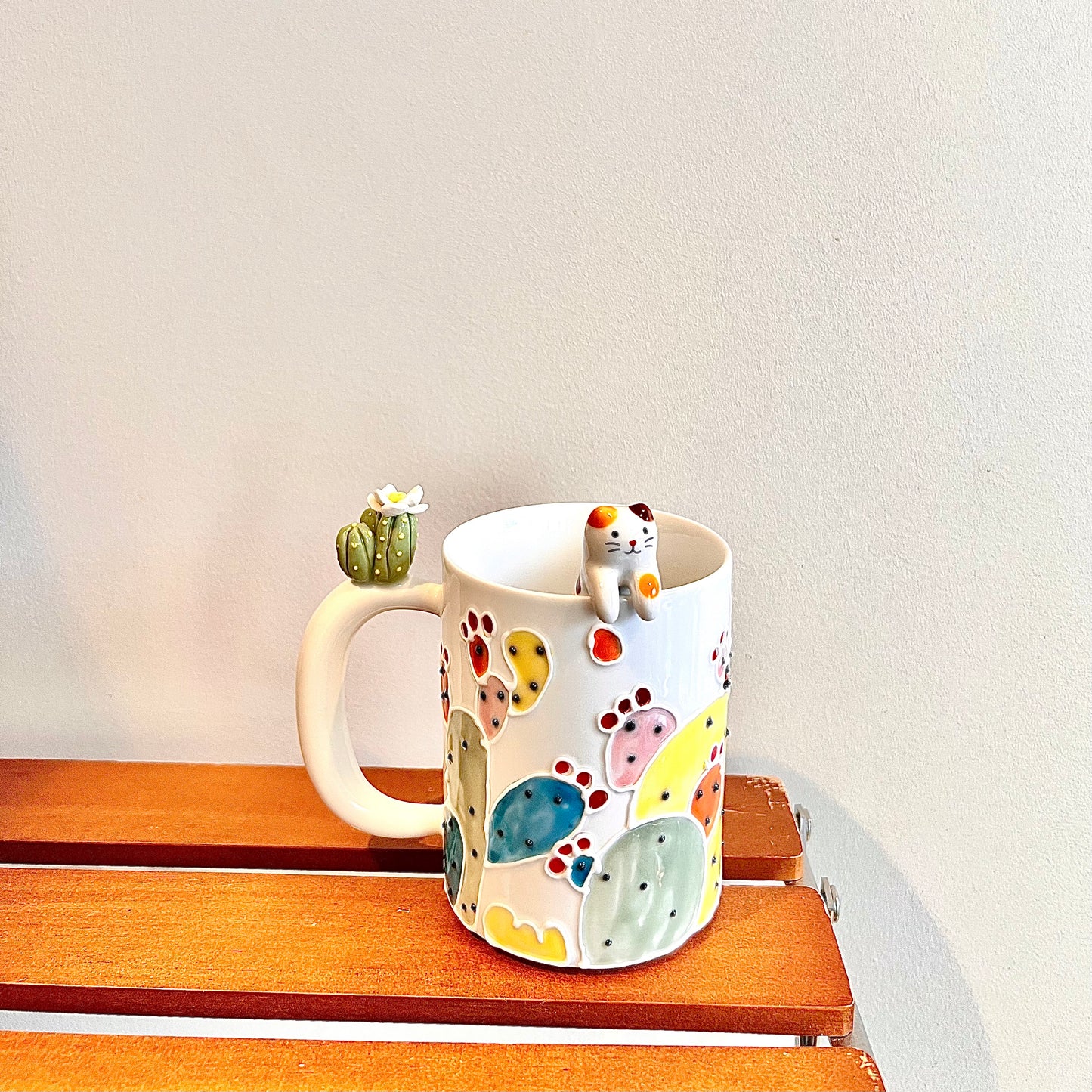 Handmade Cactus Mug with Cat Spoon