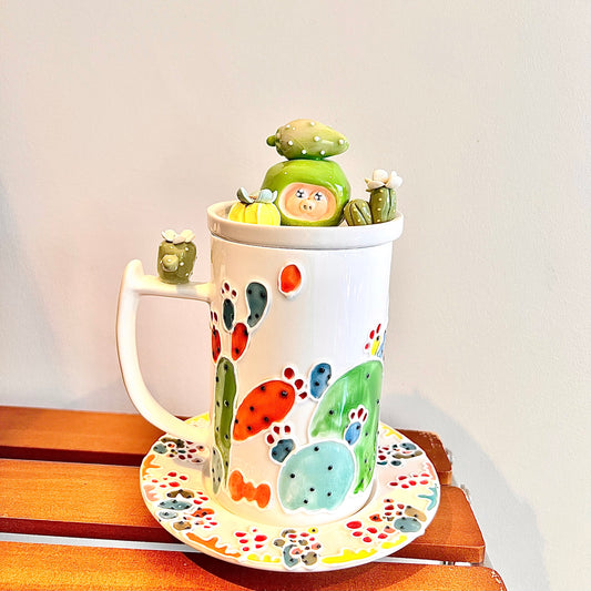 Handmade Cactus Mug Set with Cat Spoon
